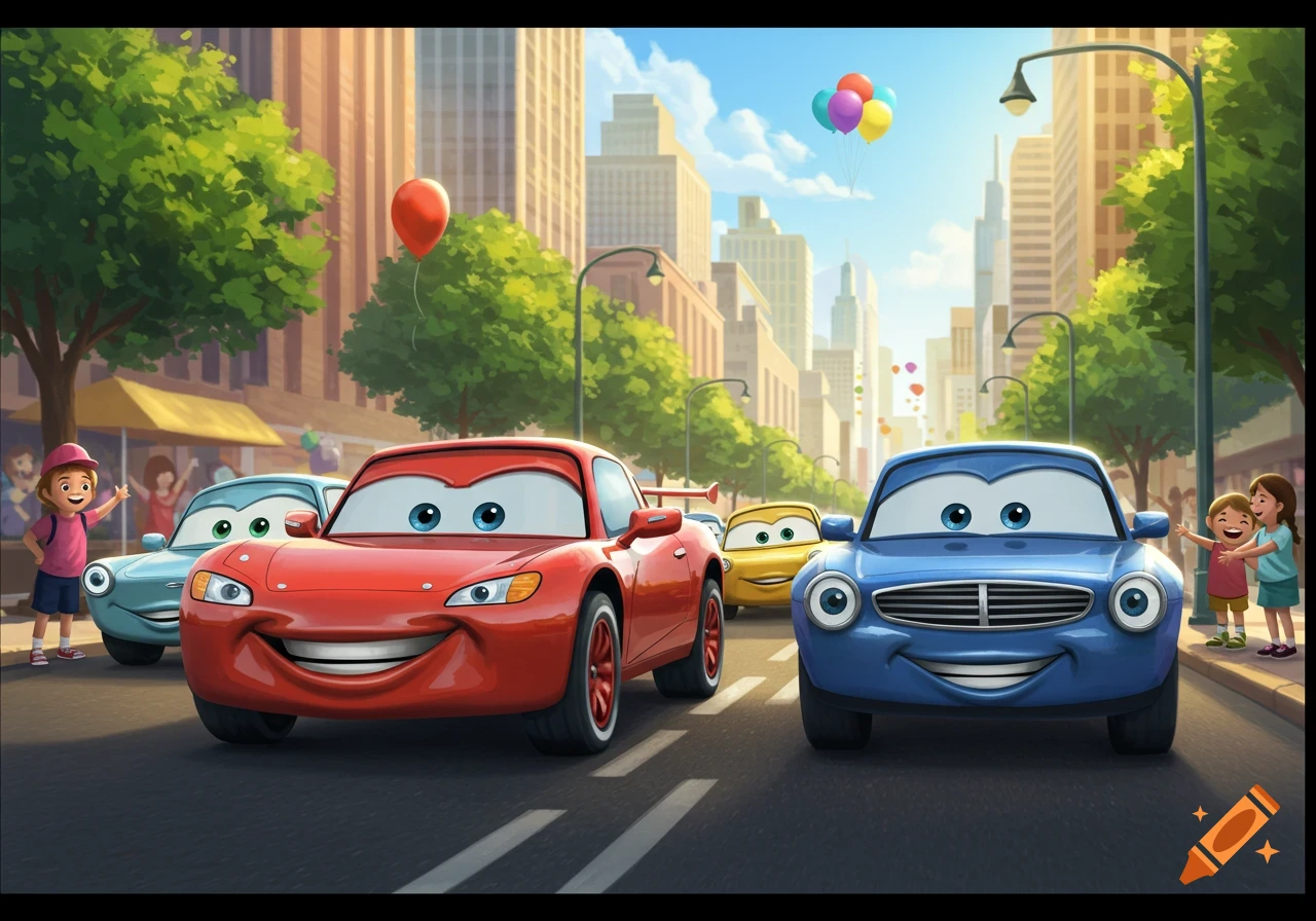 Cartoon cars with faces drive down a city street while children wave from the sidewalks under a blue sky with balloons.