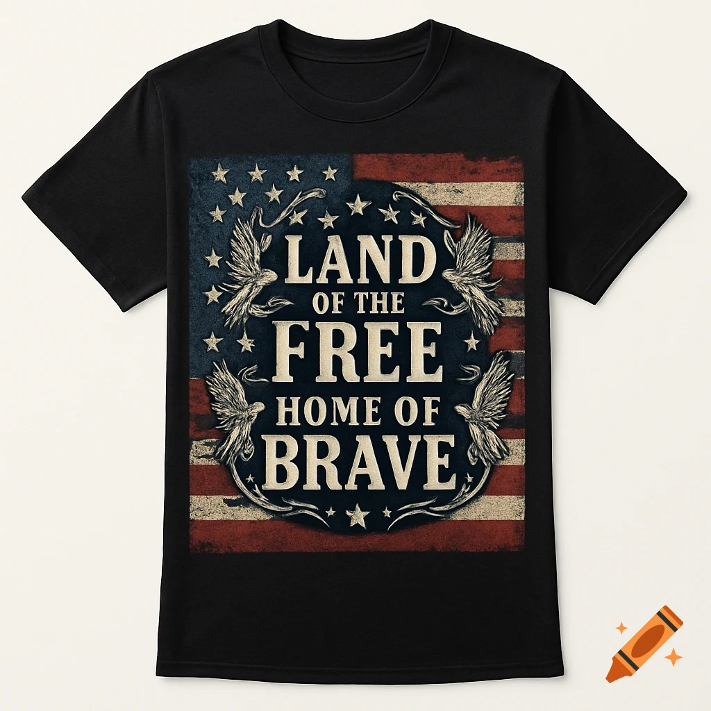 Black t-shirt with a distressed American flag design and "LAND OF THE FREE HOME OF BRAVE" text flanked by eagles.