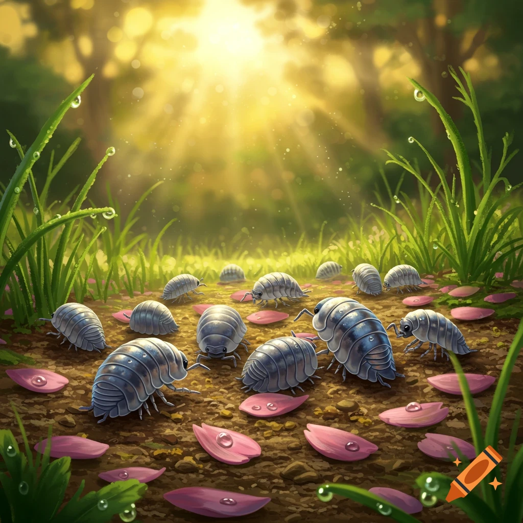 Happy pillbugs frolicking on a forest floor with pink petals in the morning sun, illustration style.