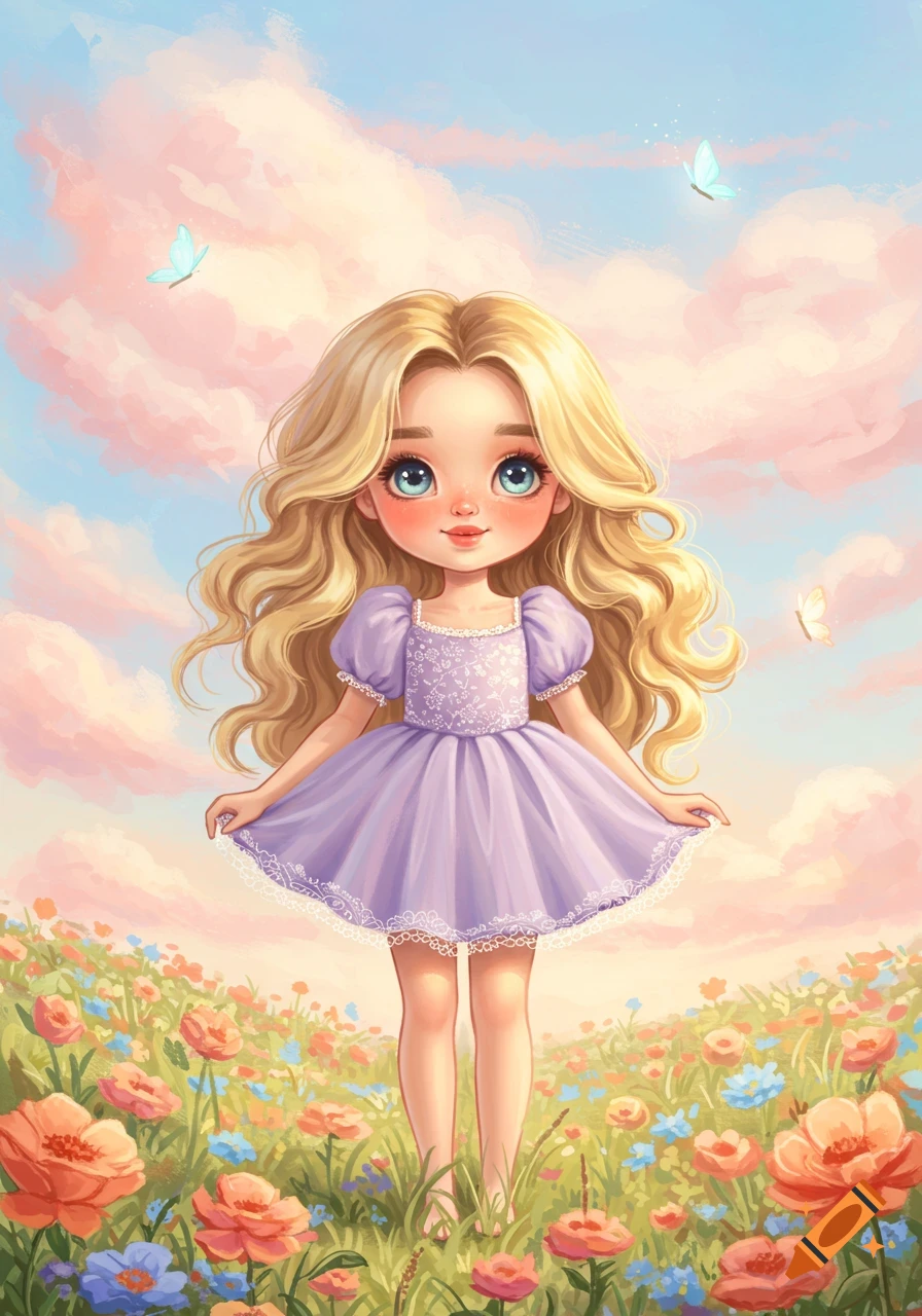 A cute blonde cartoon girl in a purple dress stands in a field of colorful flowers under a pastel sky with butterflies.