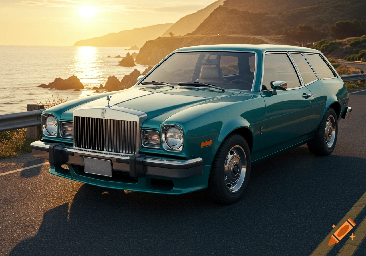 A teal 1978 Ford Pinto cruising wagon with a Rolls Royce front end parked on a coastal road at sunset, photorealistic.