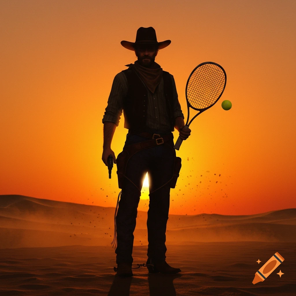 A cowboy silhouette holds a tennis racket and ball against a vibrant sunset in a desert.