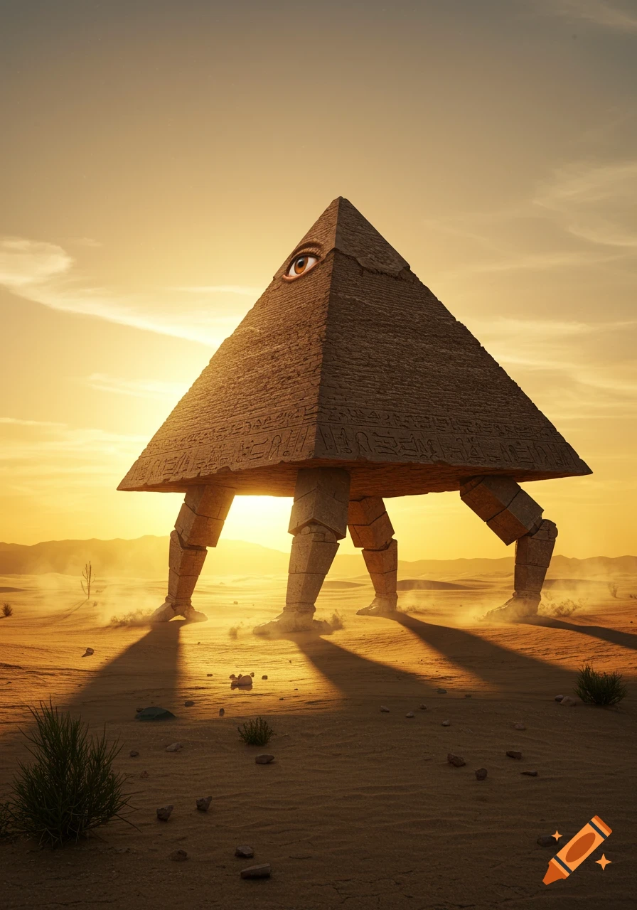 A photorealistic pyramid with four legs and an eye embedded in its peak walks across a desert at sunset.