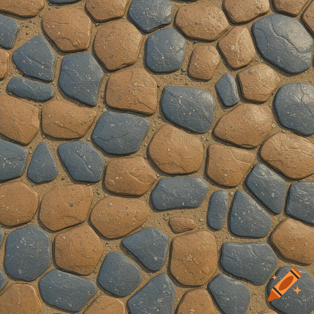 A close-up, top-down view of a patterned floor made of reddish-brown and blue-grey flat stones embedded in sand.