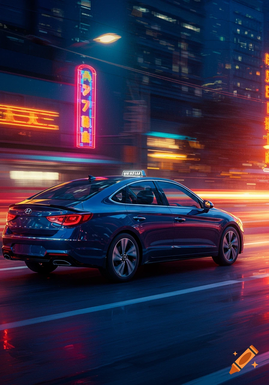 A blue Hyundai Sonata drives down a neon-lit city street at night, with motion blur effects.