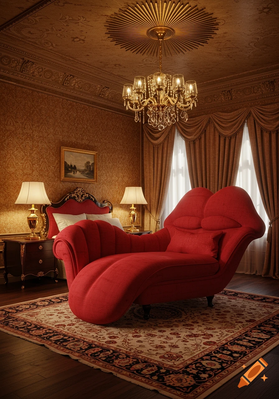 A luxurious hotel bedroom with a large red velvet chaise lounge shaped like lips, a bed, lamps, and ornate decor.