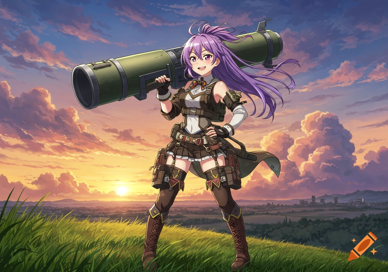 Anime girl with purple hair holding a bazooka on a grassy hill at sunset.