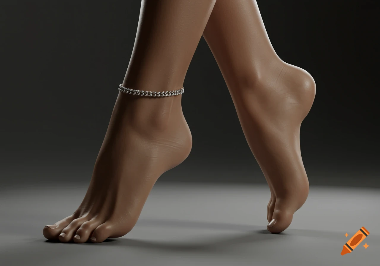 Close-up of two feet, one with a silver chain anklet, against a dark background.