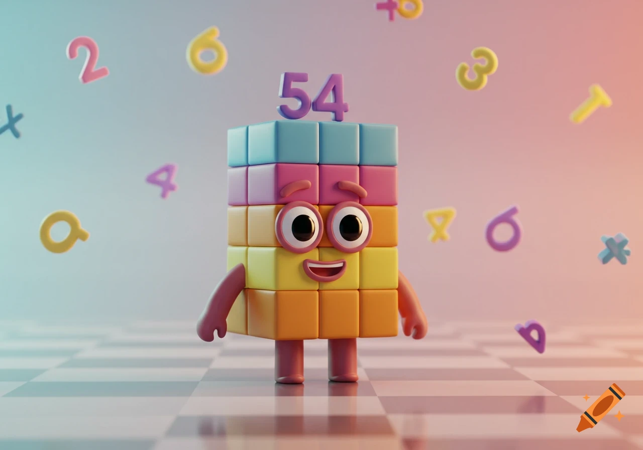 A friendly, colorful block character with the number 54 floating above its head, surrounded by other numbers, standing on a checkered floor in a soft, bright environment.