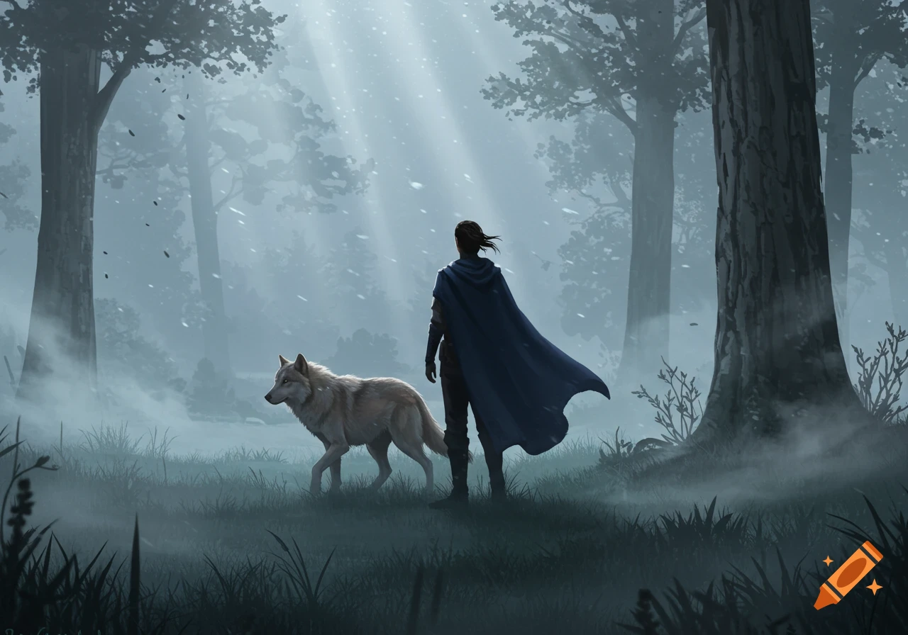 A cloaked person stands with a wolf in a misty, sunlit forest.