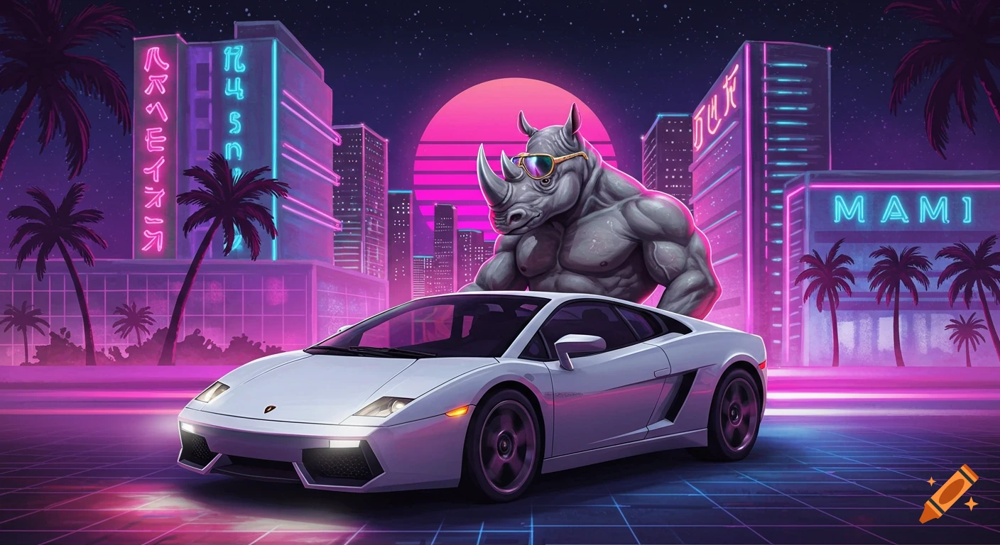 Muscular rhino in aviator shades next to a white Lamborghini in a neon-lit synthwave cityscape with palm trees and a pink sunset.