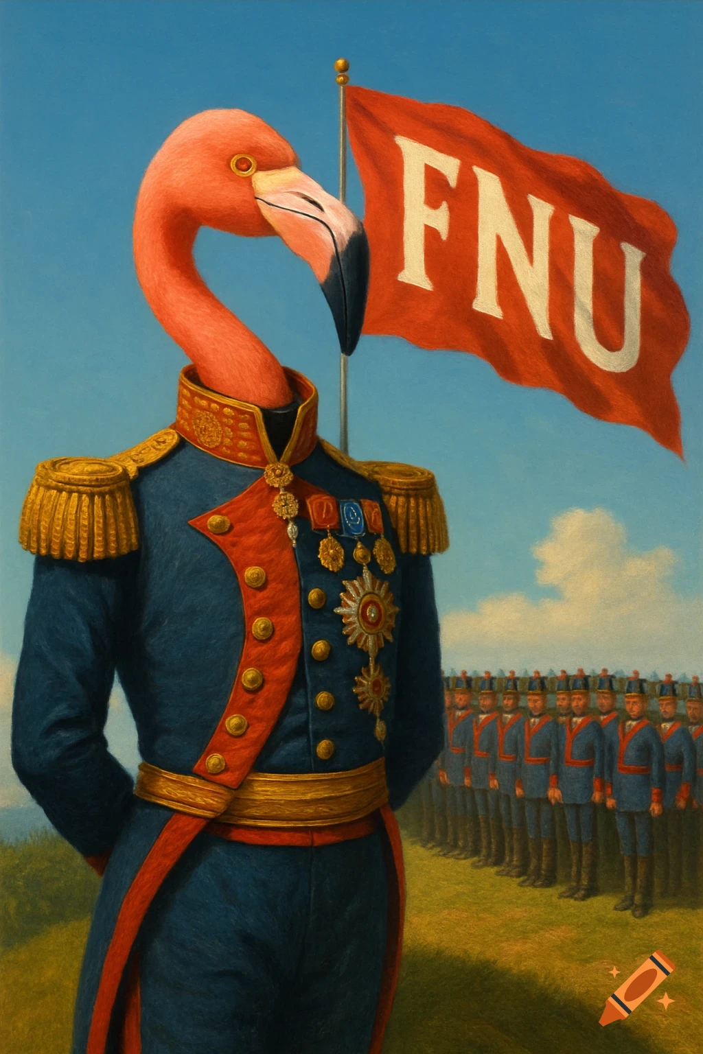 A flamingo general in a blue and red military uniform stands before a red FNU flag and a line of soldiers in a field.