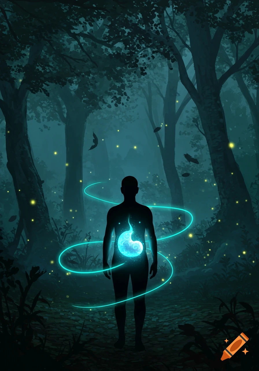 Silhouette of a person with a glowing blue stomach in a dark, glowing forest at night, digital art.