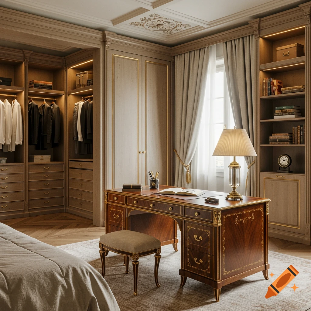 A luxurious bedroom featuring a large walk-in closet, a classical wooden desk with a lamp, and a built-in bookshelf.