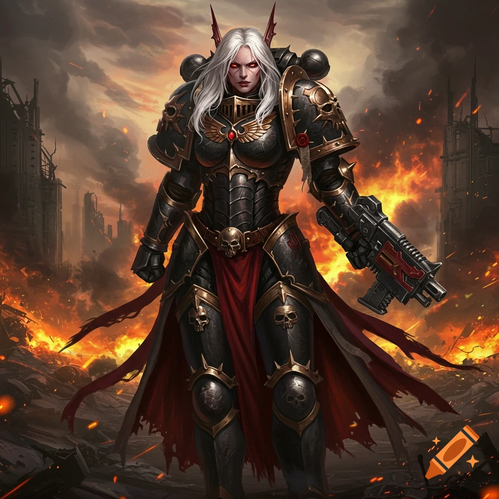 An anime-style female warrior in black and gold armor, holding a rifle, stands amidst a fiery, destroyed cityscape.