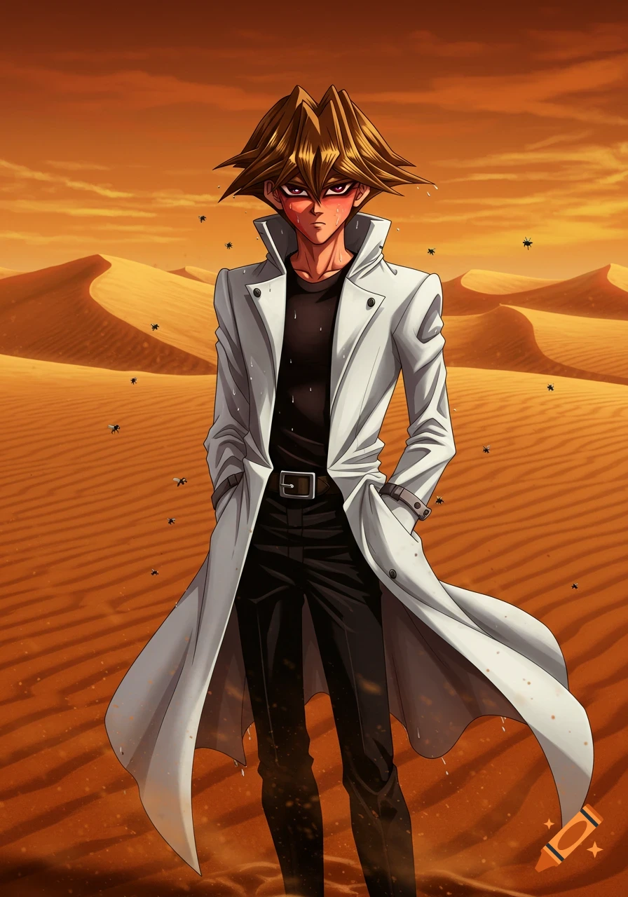 Anime character Seto Kaiba stands in a hot desert, his face red from heatstroke, surrounded by flies.