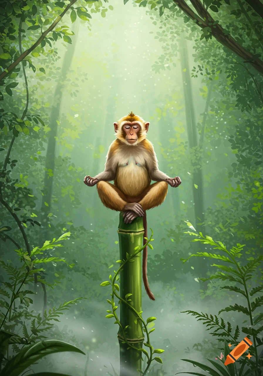 A cartoon monkey meditates in lotus position on a bamboo pole in a sunlit green forest, digital illustration.