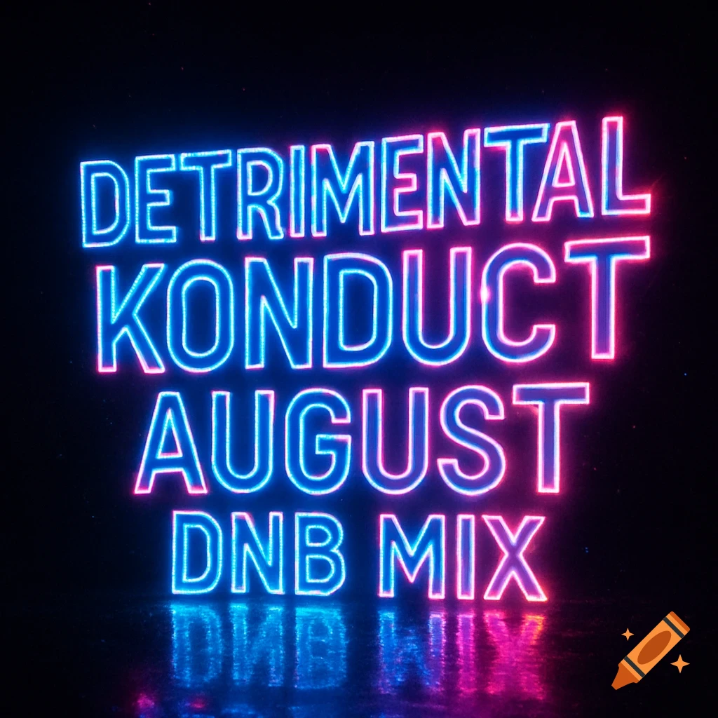 Neon blue and pink text reading 'Detrimental Konduct August DNB Mix' on a black background with a reflective surface.