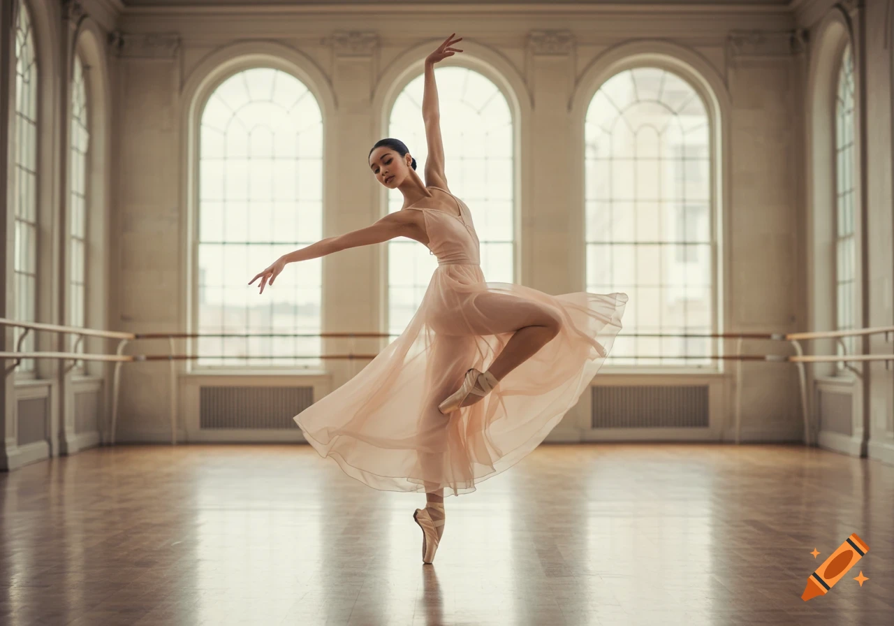 Ballerina on pointe in a flowing peach dress, dancing in a grand studio with arched windows.