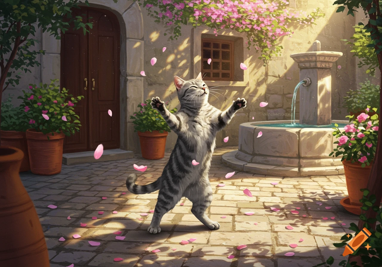 A happy gray tabby cat dances in a sunlit stone courtyard with pink petals, potted flowers, and a fountain.