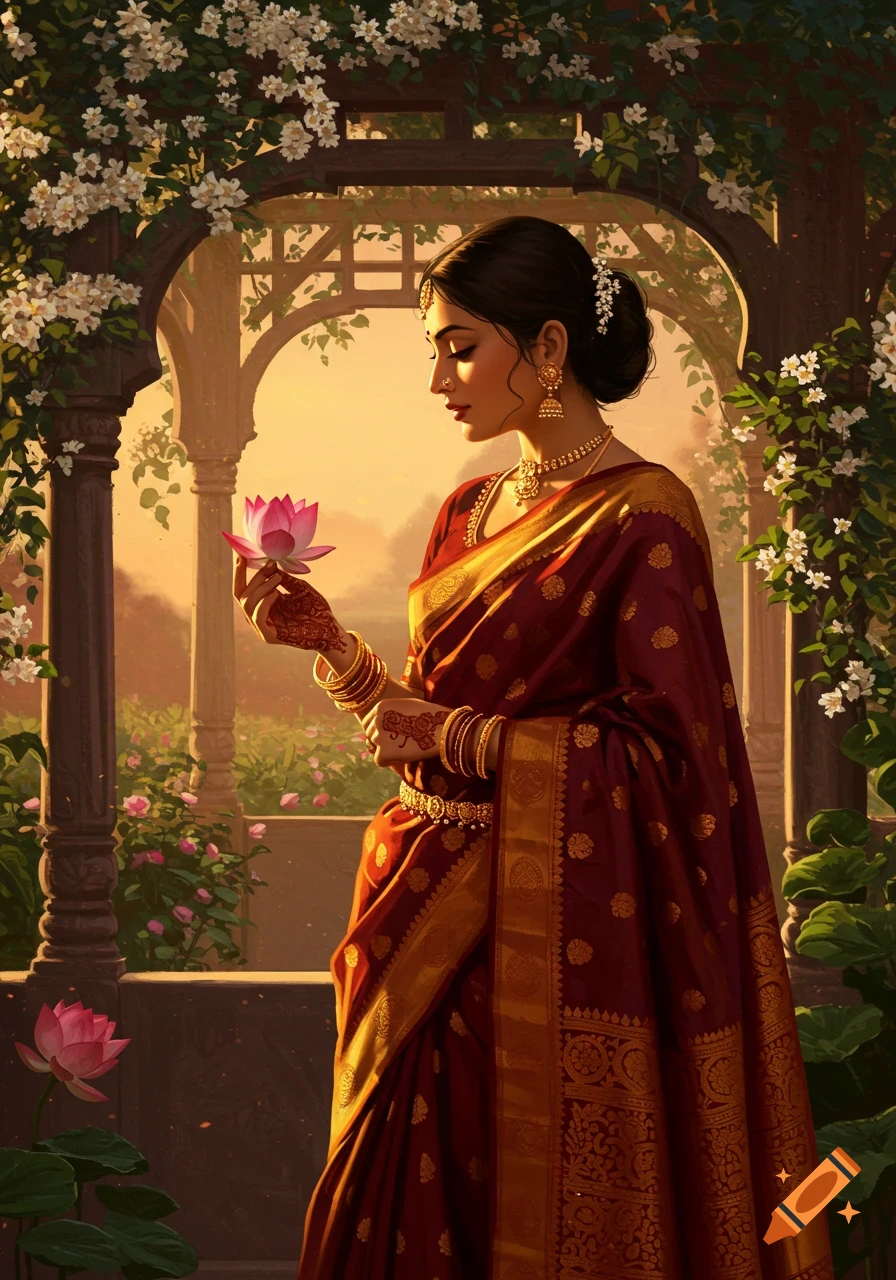 Indian woman in a red and gold saree holding a pink lotus flower under a floral archway at sunset, digital painting.
