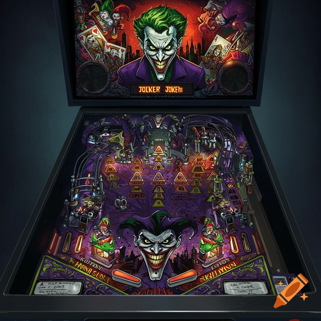 A top-down view of a colorful Joker-themed pinball machine with a grinning Joker face on the playfield and a digital display screen.