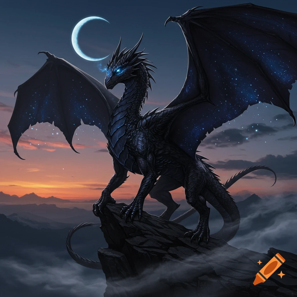 A majestic black dragon with glowing blue eyes perches on a craggy peak under a crescent moon, against a vibrant sunset sky.