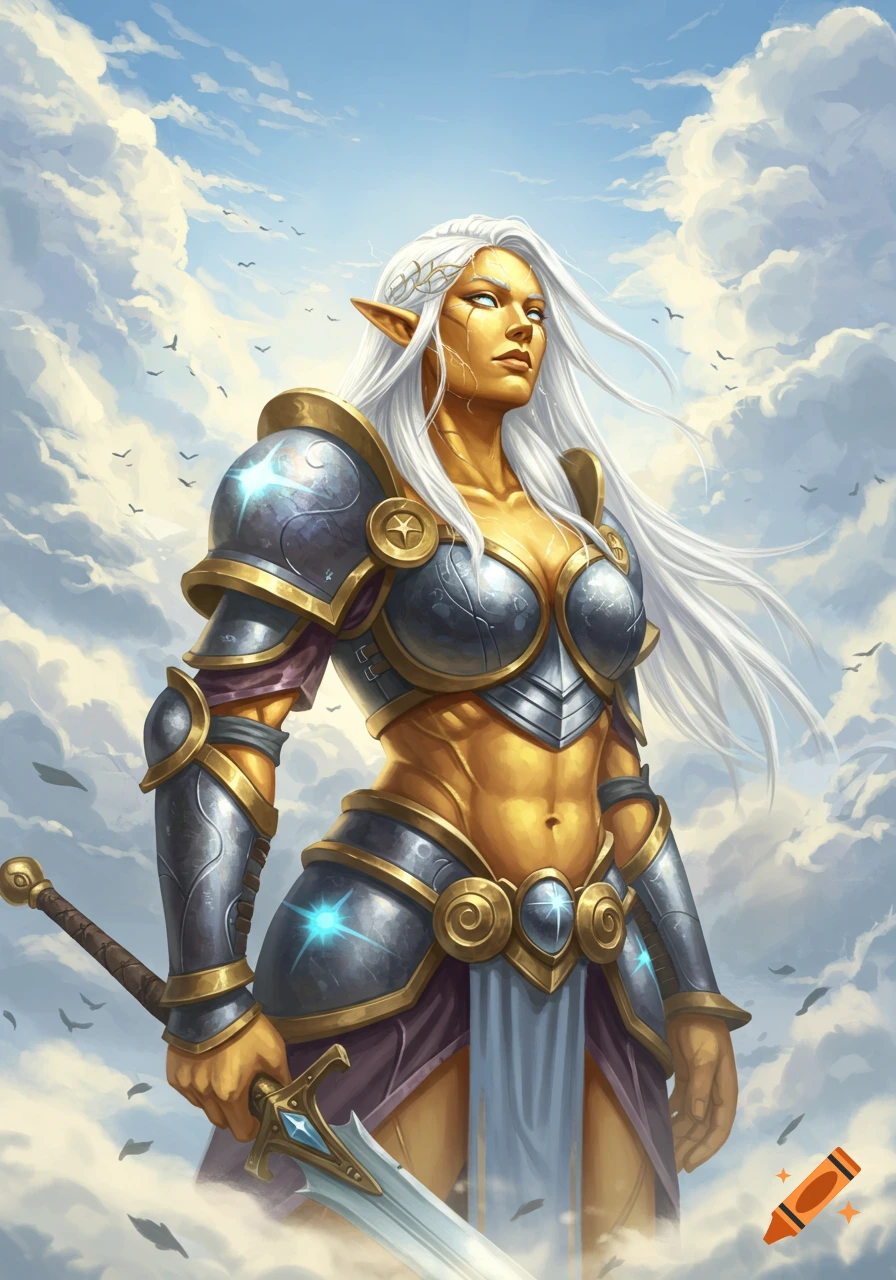 A female fantasy warrior with golden skin, white hair, and elven ears stands in ornate armor, holding a sword, against a cloudy sky.