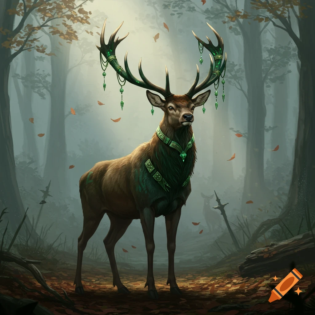 A majestic deer with large, ornate green antlers and green chest armor stands in a mystical forest with autumn leaves.