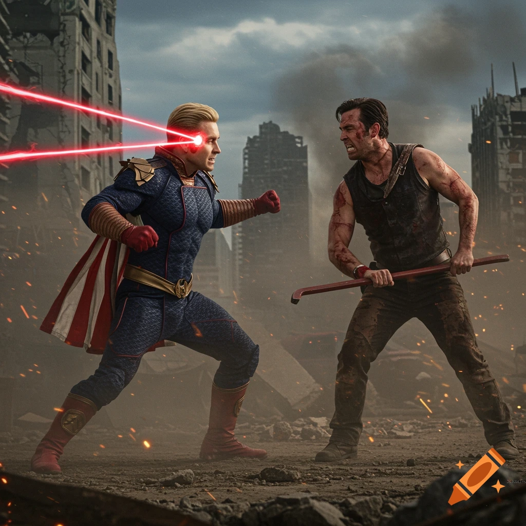 Photorealistic image of Homelander shooting red laser beams from his eyes at Billy Butcher, who is holding a crowbar, in a destroyed city.