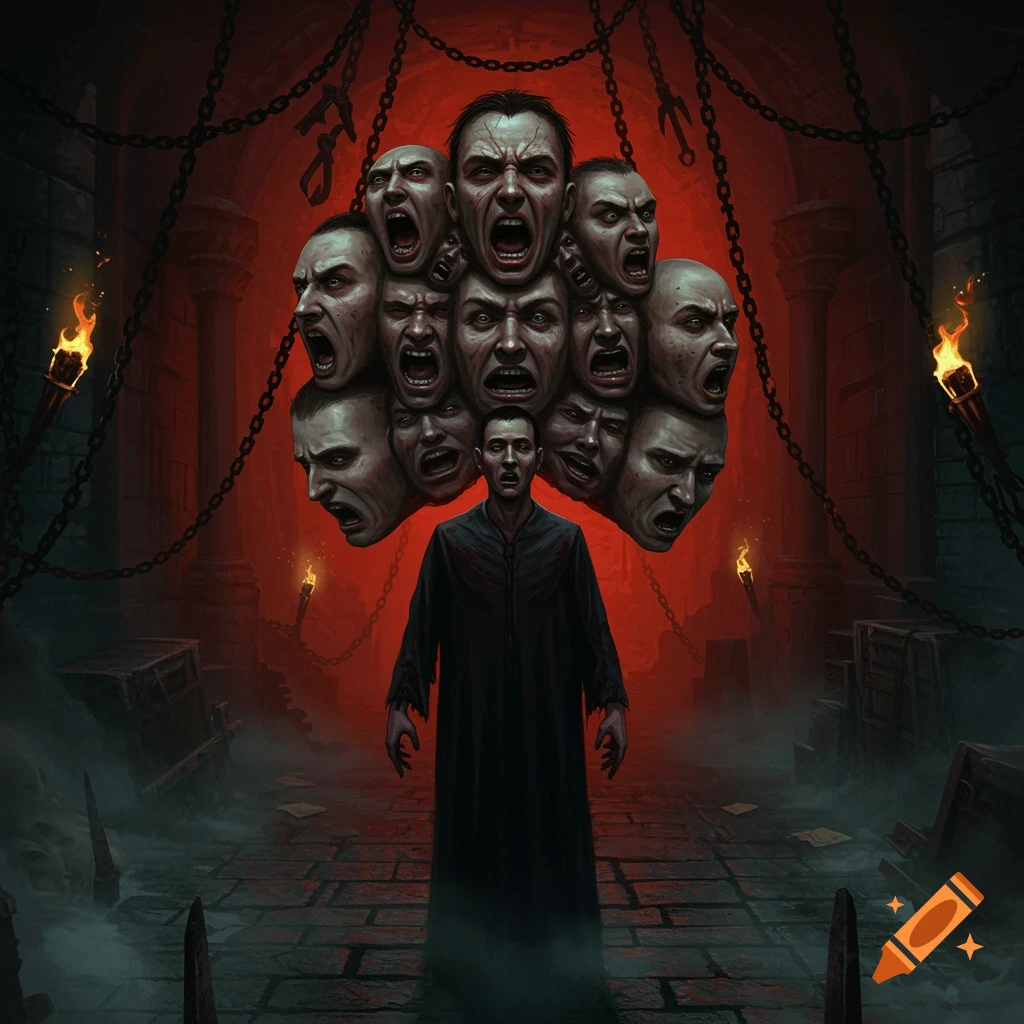 A man in a dark robe stands in a red-lit dungeon, below a mass of screaming, contorted faces connected by chains. Torches illuminate the dark, foggy stone chamber.
