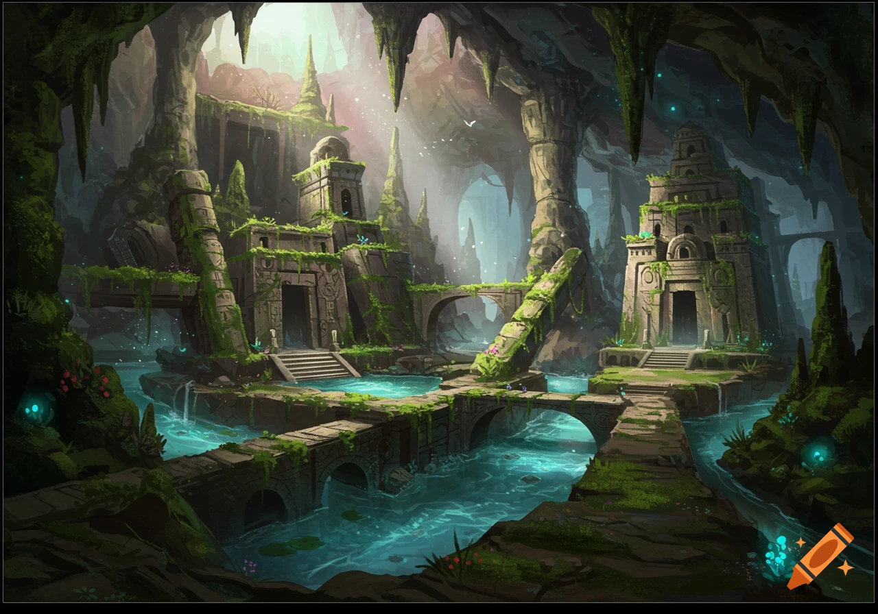 An ancient, moss-covered stone civilization within a lush cave, with a river flowing through it and light shining from above.