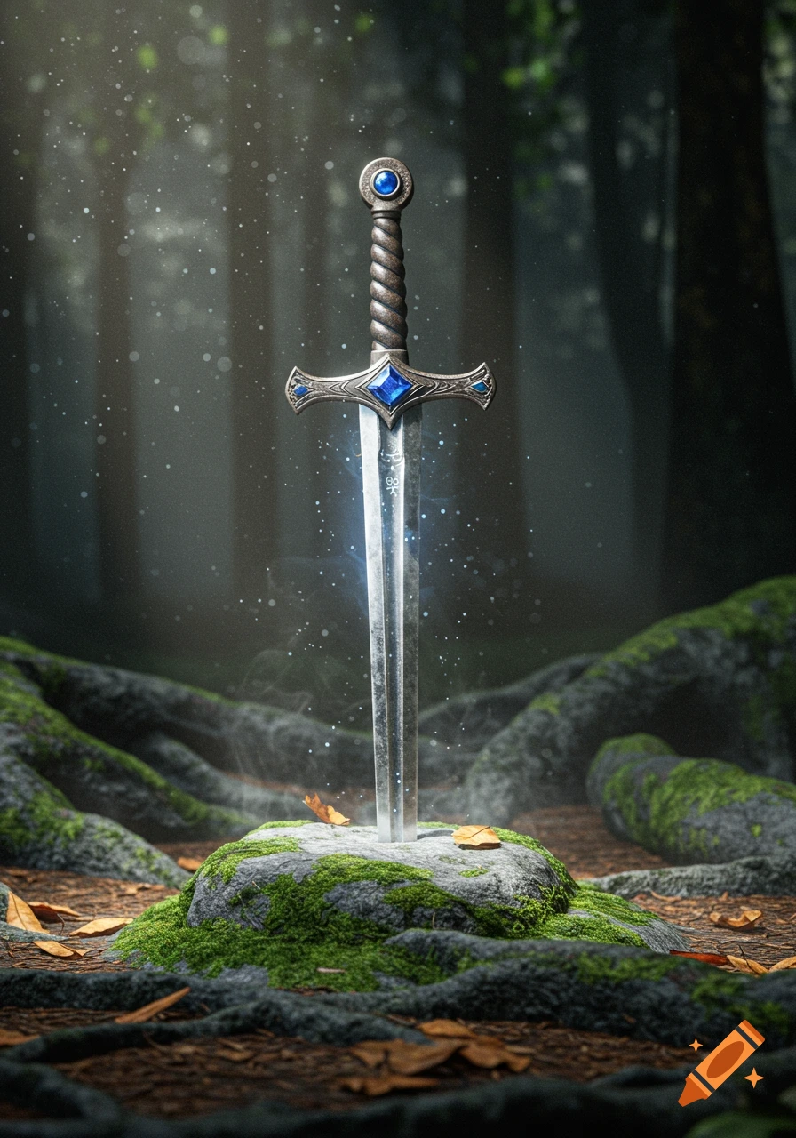 A glowing sword with a blue gem hilt plunged into a moss-covered rock in a misty forest, with light particles floating. Photorealistic fantasy art.