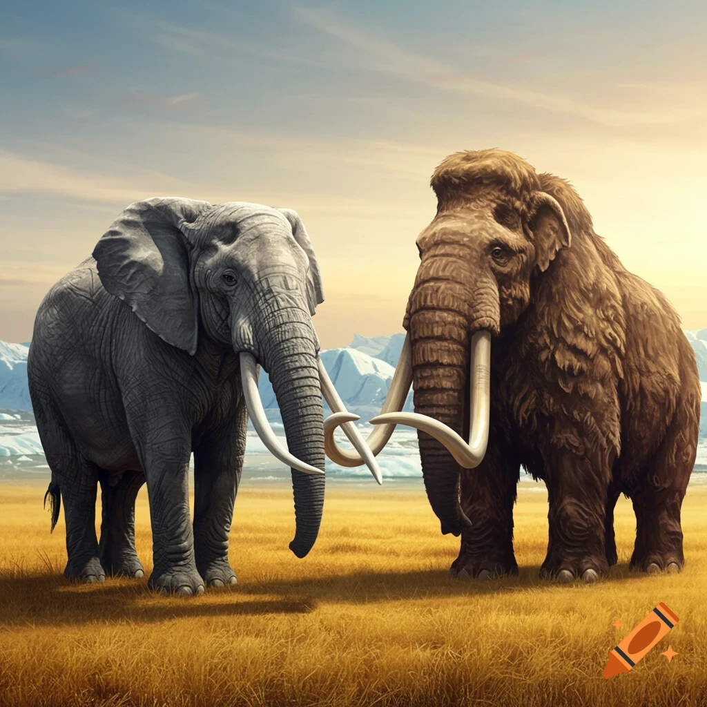 A large grey elephant and a brown woolly mammoth stand facing each other in a golden grassy field, with snow-capped mountains in the background under a soft sky.