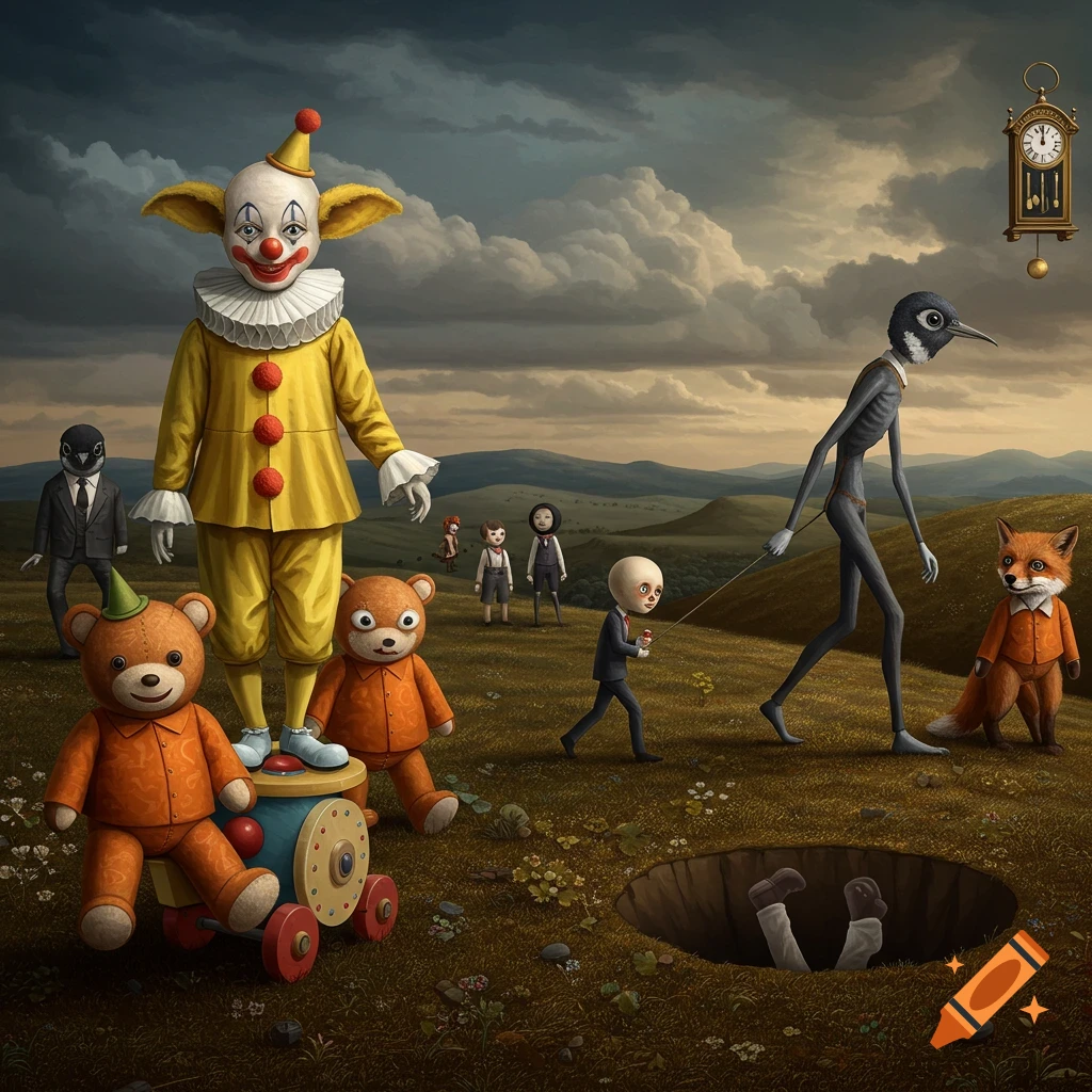 A surreal painting depicts a large clown, teddy bears, a bird-human, a fox, and other uncanny figures in a hilly landscape under a cloudy sky.