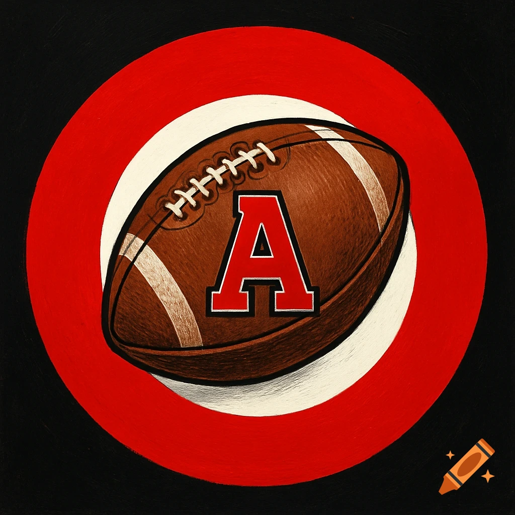 A stylized football with a prominent red letter 'A' centered on it, set within a white circle, which is surrounded by a larger red circle, all on a black background.