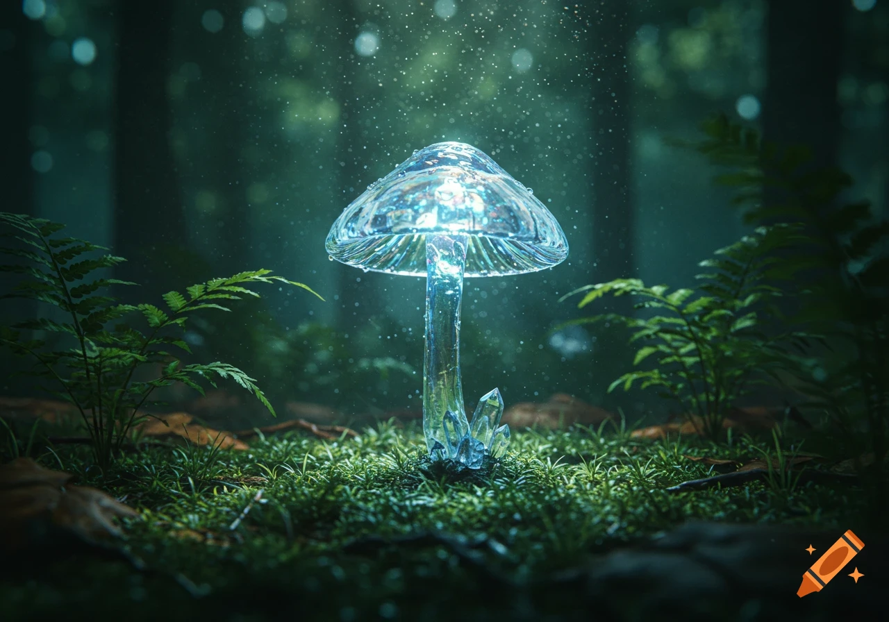 A glowing, translucent glass mushroom stands on a mossy forest floor, surrounded by ferns and sparkling light.