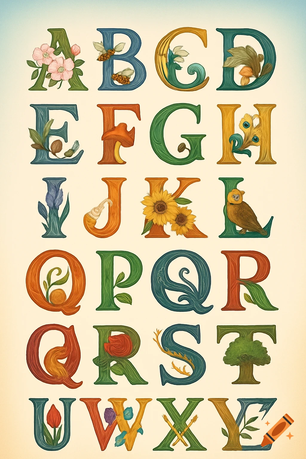 An illustrated alphabet poster featuring each letter of the English alphabet adorned with nature-inspired elements in an ornate style.