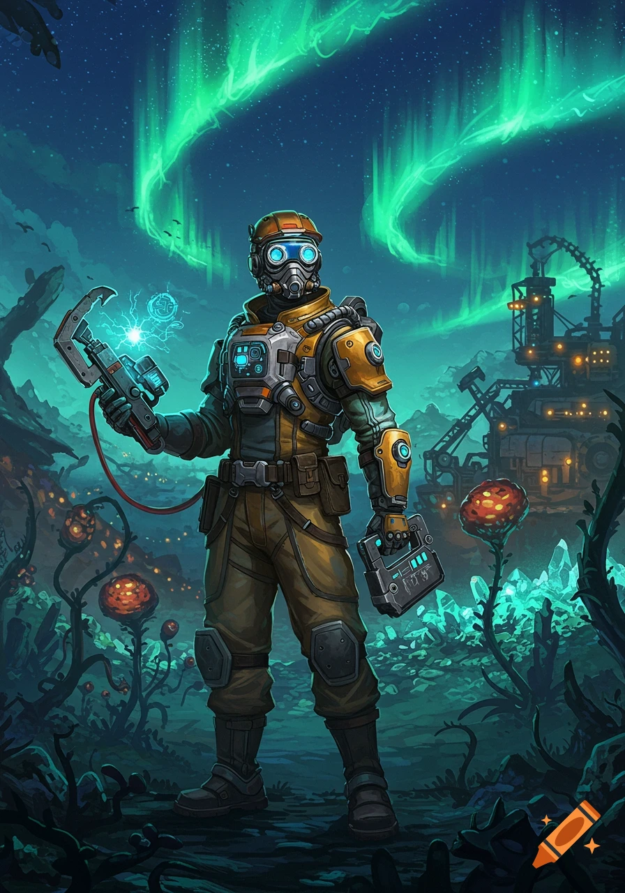 A futuristic pioneer in a hazard suit holds a glowing tool on an alien planet with an aurora and industrial factory.