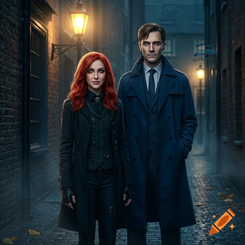 A woman with red hair and a man in a blue trench coat stand in a dimly lit, rainy cobblestone alley.