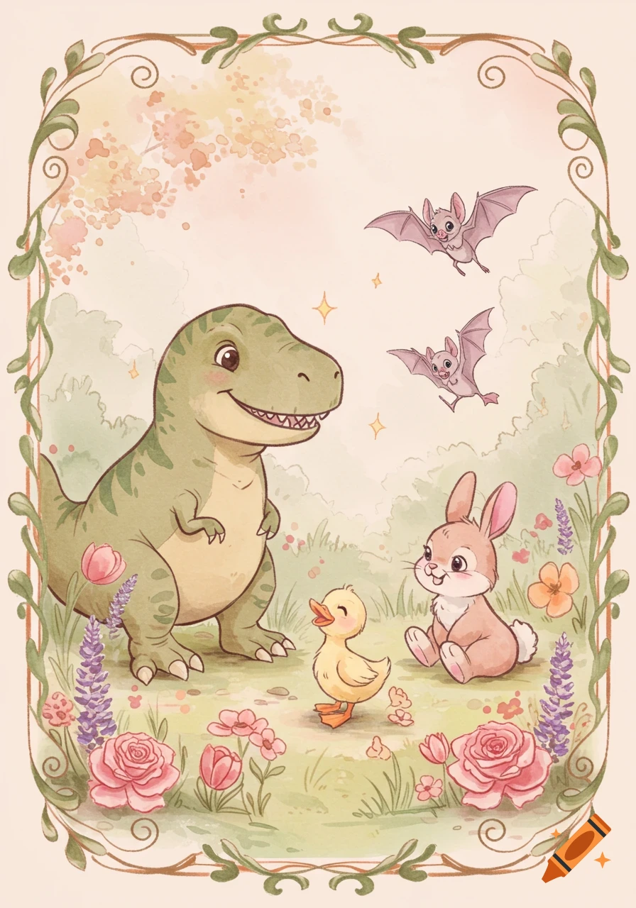 A cute watercolor illustration of a friendly T-Rex, duckling, and bunny in a flowery garden with two bats flying above, framed by vines.