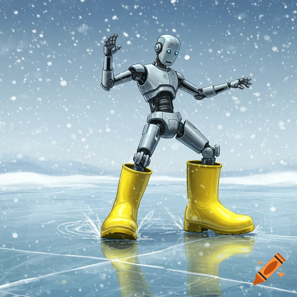 A silver robot in yellow Wellington boots slips on a sheet of ice as snow falls around it.