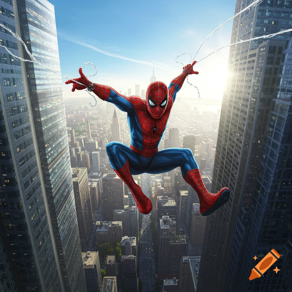 Spider-Man swings between two tall city buildings under a bright sky, shooting webs. The image has a comic book art style.