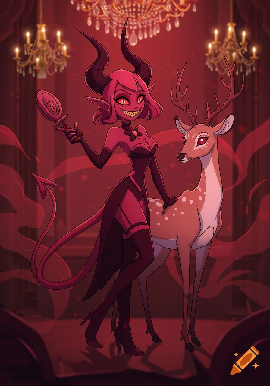 A red-skinned female demon with horns and a long tail, dressed in a black and red outfit, stands next to a fawn-spotted deer with antlers in a red room with chandeliers. She holds a small, round object.