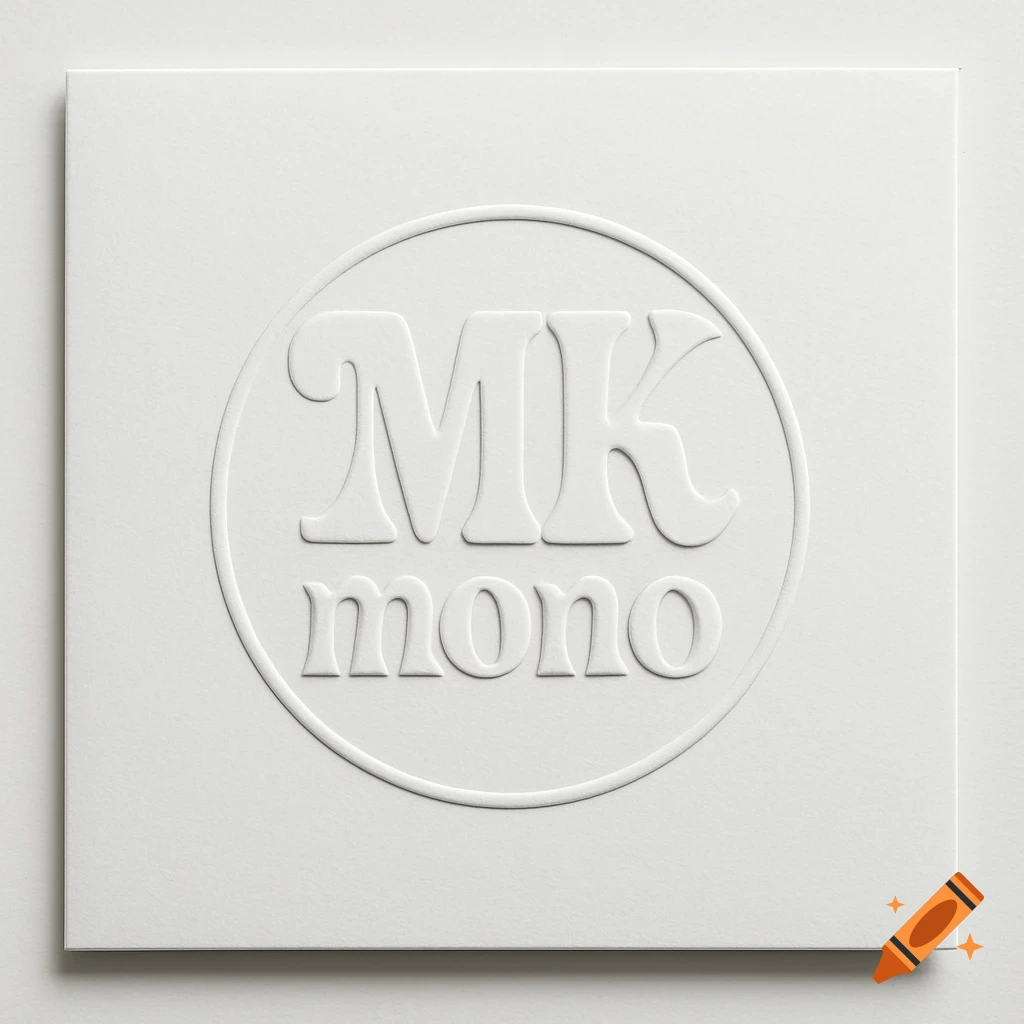 An embossed white logo with the letters 'MK' above 'mono' encircled on a minimalist white background, resembling an album cover.