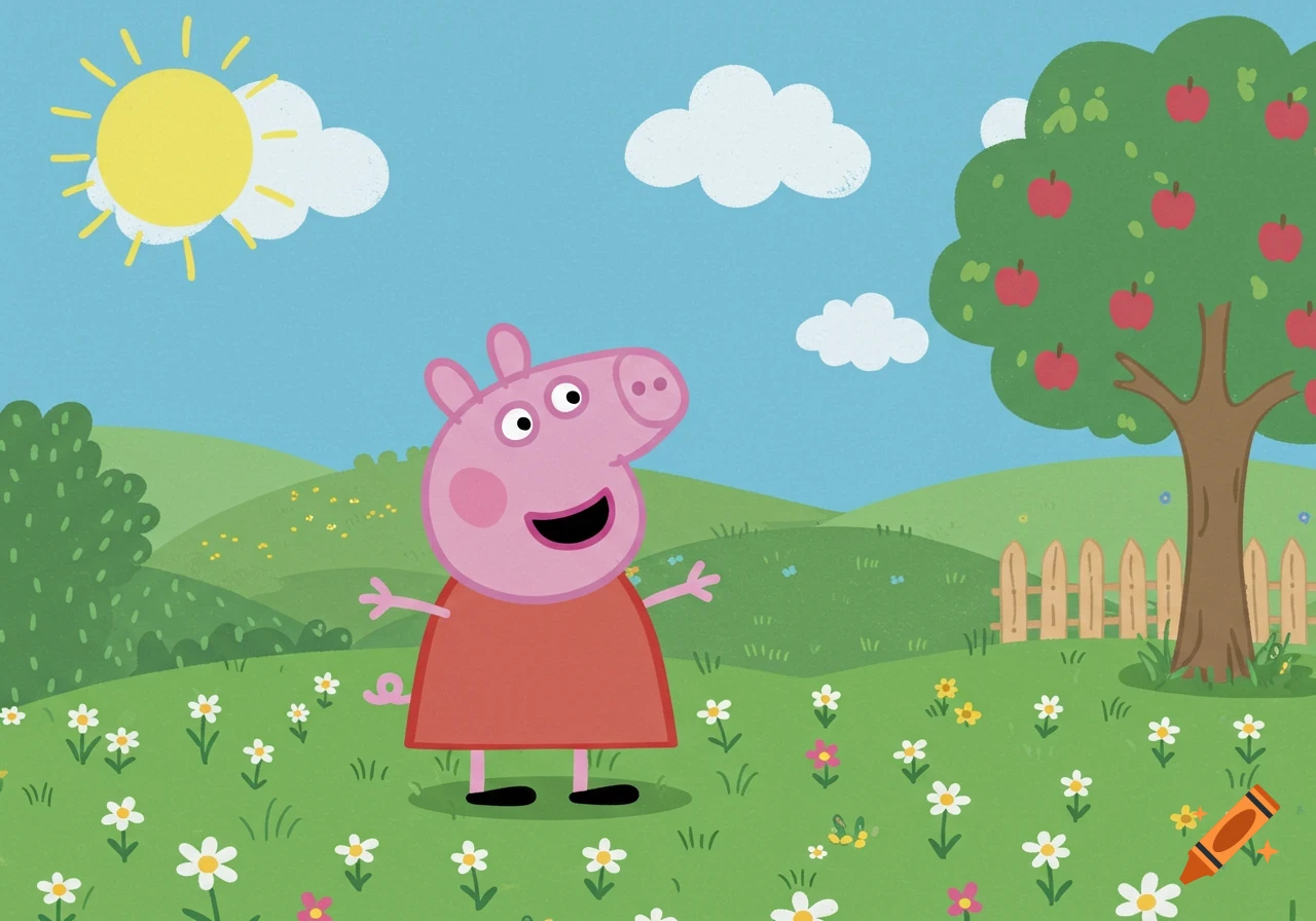 Peppa Pig in a red dress smiling with open arms in a green field with flowers, an apple tree, sun, and clouds. Cartoon style.