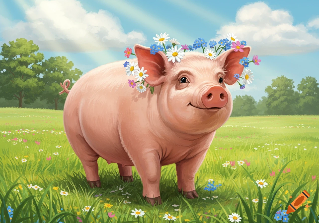 A cute, happy pink pig wearing a crown of white and blue wildflowers stands in a green field under a sunny blue sky.