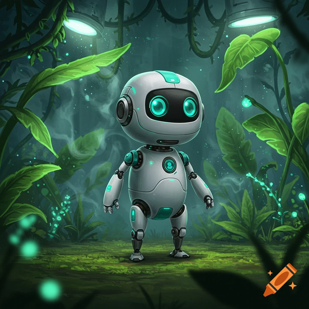 A cute white and teal robot with glowing eyes stands in a lush, dark jungle with bioluminescent plants.