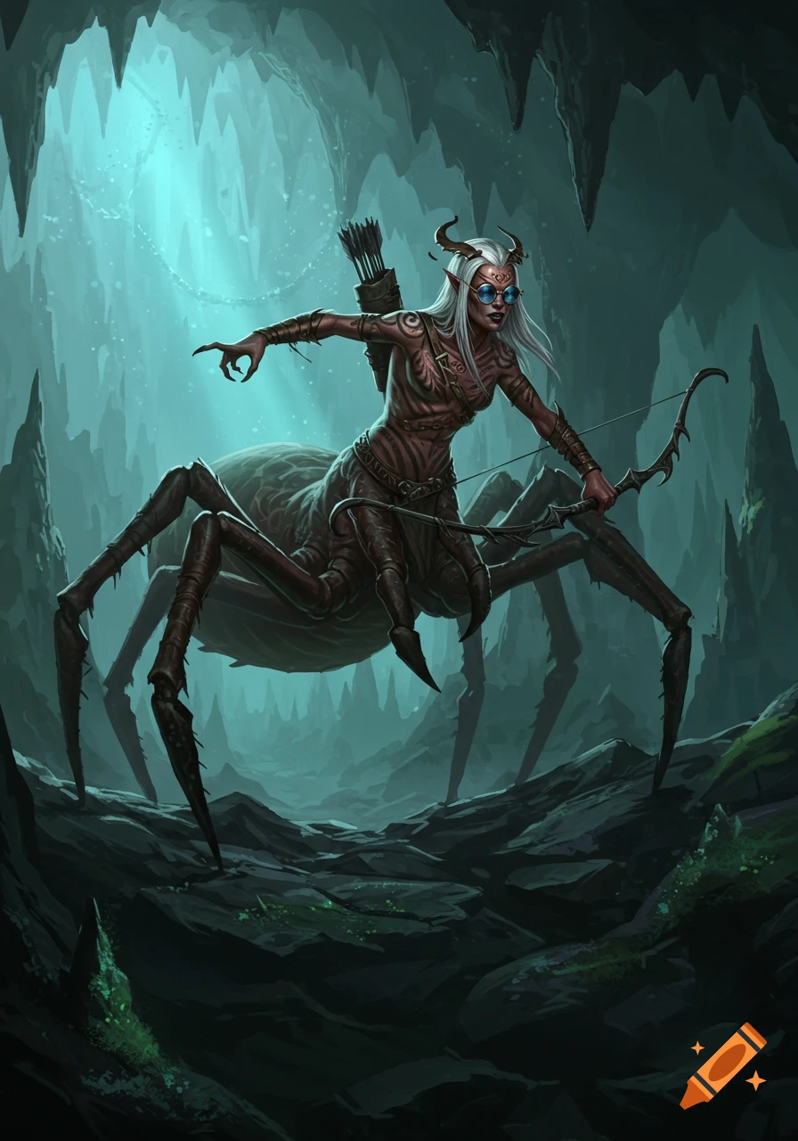 A drider wearing sunglasses and wielding a bow creeps along the roof of a dark cave.