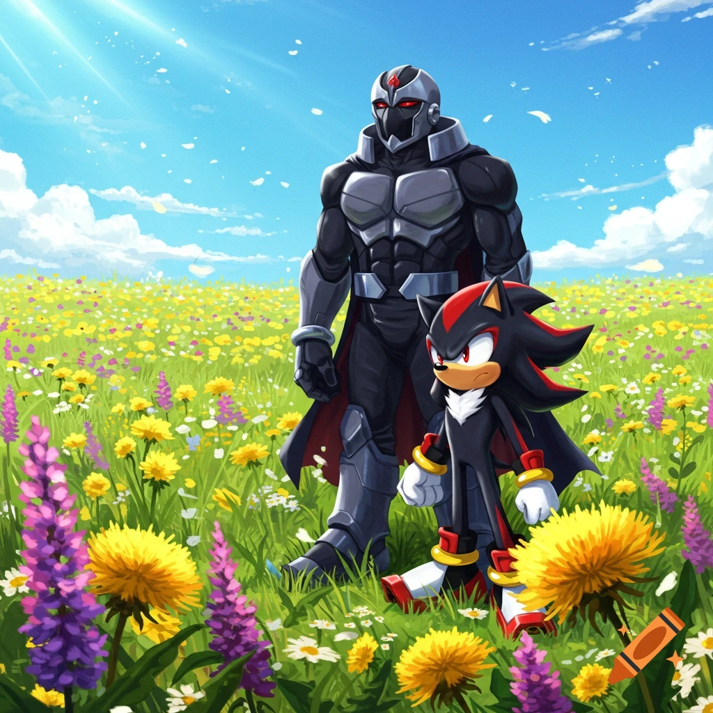 Black Doom and Shadow the Hedgehog stand in a colorful flower field under a bright blue sky in a cartoon style.